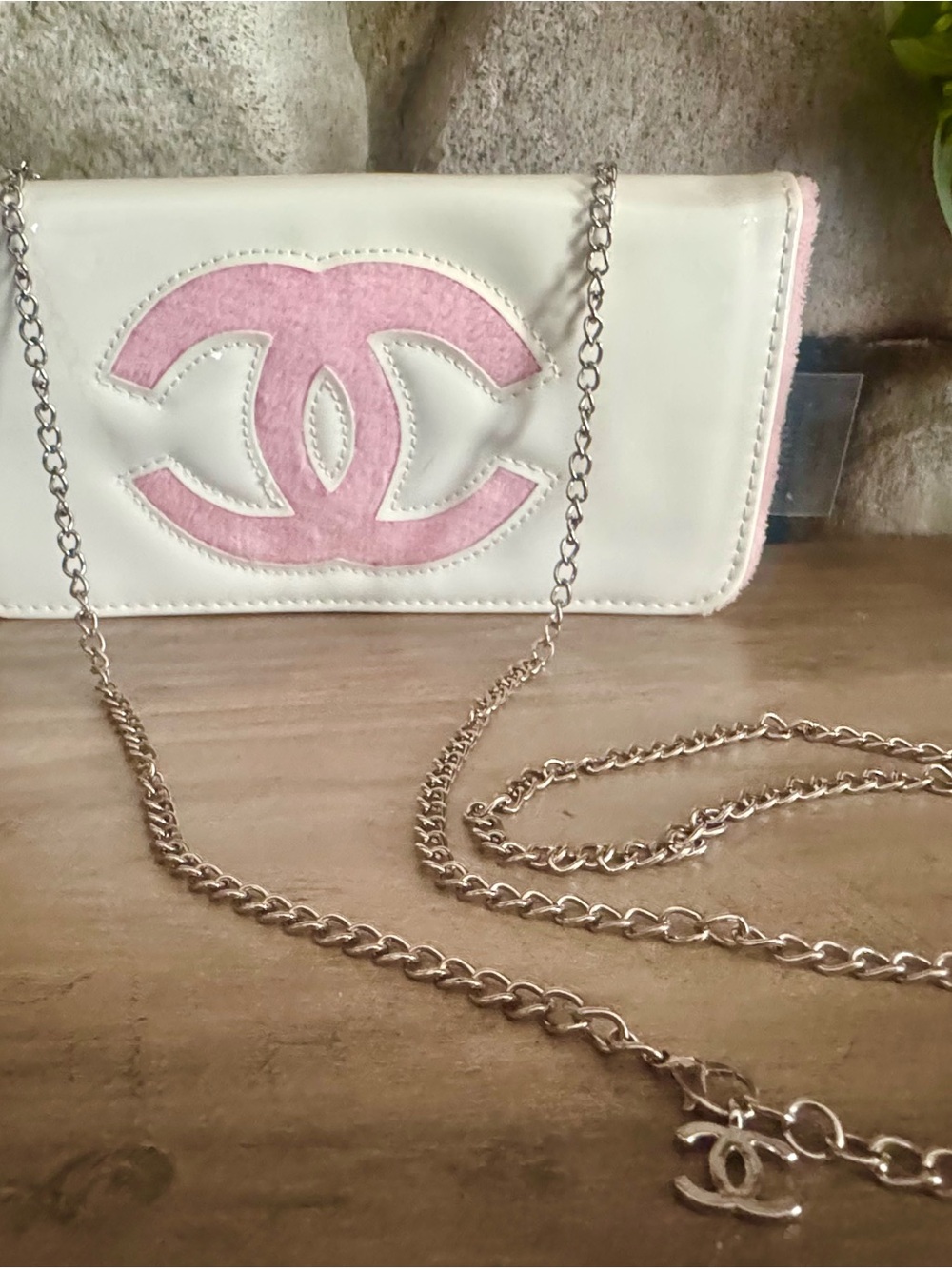 Chanel White and Pink Crossbody purse with CC chain